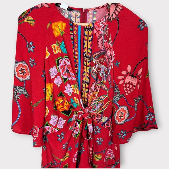 Desigual Red Floral Print Tie Front Dress Knee Length Long Sleeve Size 42 US 8 M - Picture 15 of 15